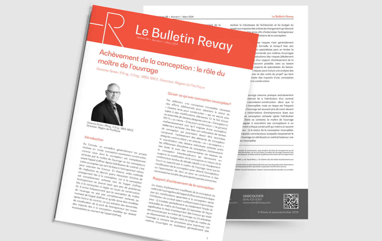 Bulletin Revay – Achèvement de la conception : le rôle du maître de l’ouvrage